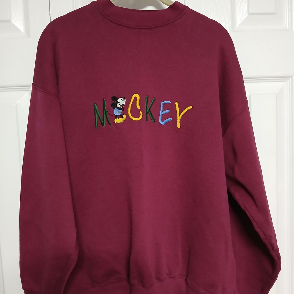 Vintage Burgundy Sweatshirt Crewneck Colorblock Embroidered Mickey Mouse Disney